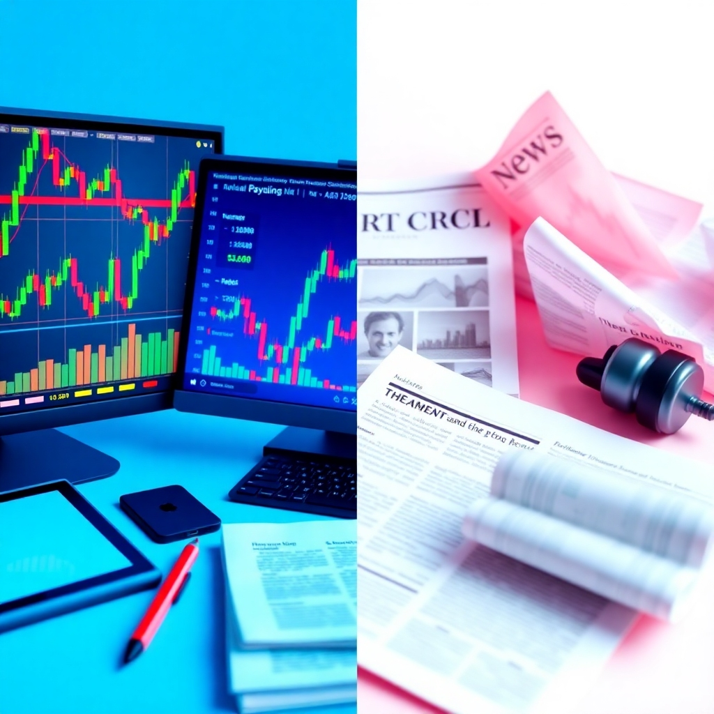 Una imagen dividida que muestra herramientas de análisis técnico y fundamental. En un lado, se muestran gráficos de velas y software de trading, mientras que en el otro, artículos de noticias financieras e informes económicos. La paleta de colores incluye azules y rojos contrastantes para simbolizar el dinamismo del mercado. Se utiliza una iluminación brillante para mejorar la visibilidad y las texturas deben mostrar los distintos entornos de las plataformas de trading y los materiales de investigación. Las referencias estilísticas provienen de la literatura financiera contemporánea. Alta calidad, fotorrealismo.