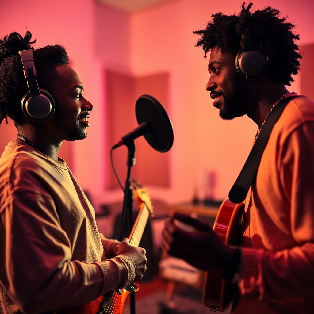 A stylized image capturing Viedu collaborating with another artist in a recording session. The lighting is intimate and warm, with subtle shadows cast in the room. The color palette alternates between soft pastels and vibrant shades, reflecting different musical styles. The camera angle is close-up, portraying interaction as they brainstorm ideas. Textures are nuanced, illustrating the creative process.