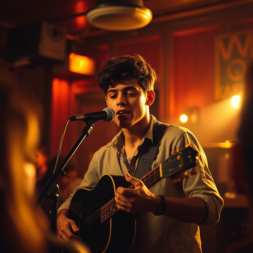 A stylized image depicting Viedu as a young artist performing in a small venue. The lighting is dim and intimate, with warm spots focused on him. The color palette consists of soft browns and golds. The camera angle is from the audience’s perspective, capturing the emotion of the moment. Textures are rich and nostalgic, evoking a sense of history.