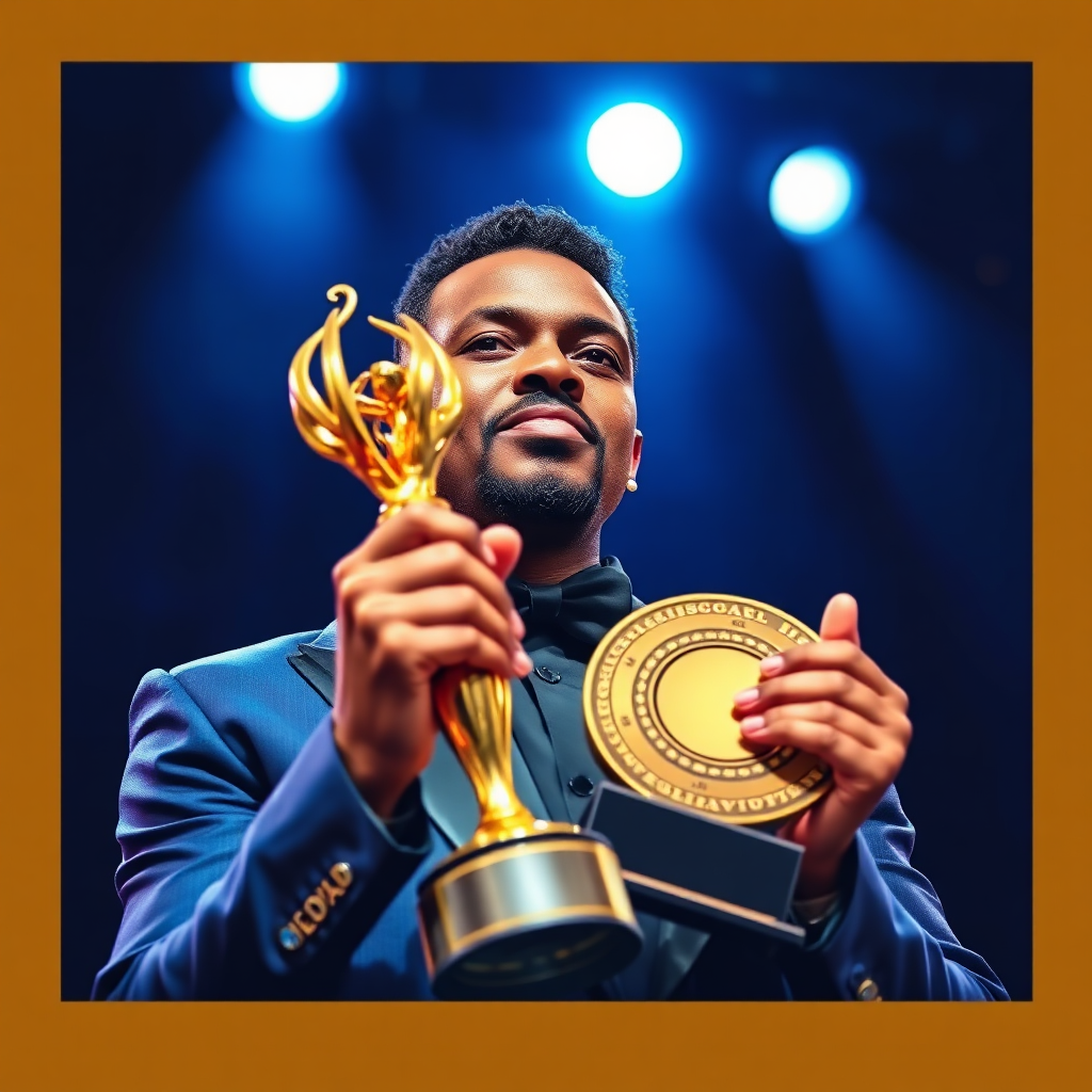 A stylized image featuring Viedu holding a prestigious music award on stage. The lighting is dramatic, with spotlights highlighting his face and the award. The color palette features deep blues and gold accents. The camera angle is slightly angled upwards, creating a sense of achievement. Textures emphasize the shine of the award and Viedu's elegant outfit.