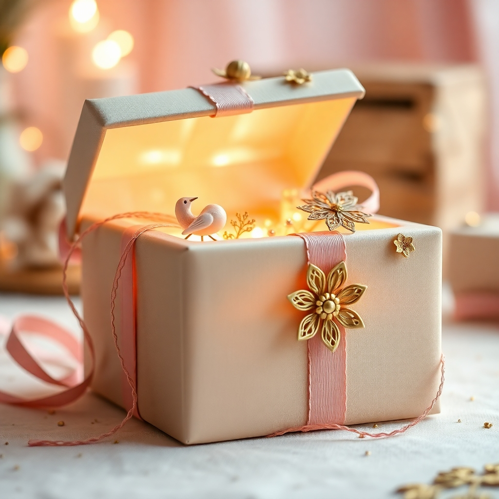 Imagen estilizada de una caja de regalo bellamente envuelta, adornada con delicados lazos y adornos de hilos tejidos y miniaturas artísticas. La caja está parcialmente abierta, revelando una luz suave y brillante, con indicios del tesoro artístico que alberga. El fondo es un ambiente cálido y acogedor con una iluminación tenue. Paleta de colores: Colores pastel con detalles dorados. Estilo: Fantasía y elegancia, evocadora de un cuento de hadas.