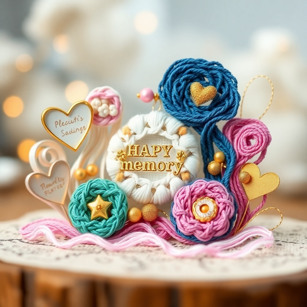 Imagen estilizada de una colección de obras de arte creadas con hilos entrelazados y técnicas mixtas. Cada pieza representa un recuerdo o hito diferente. Las obras están dispuestas en una composición visualmente atractiva, con una iluminación suave y difusa que realza sus texturas y colores. El fondo es un escenario difuminado y onírico. Paleta de colores: Colores pastel con detalles dorados. Estilo: Fantasía y sentimental, evocando un preciado recuerdo.
