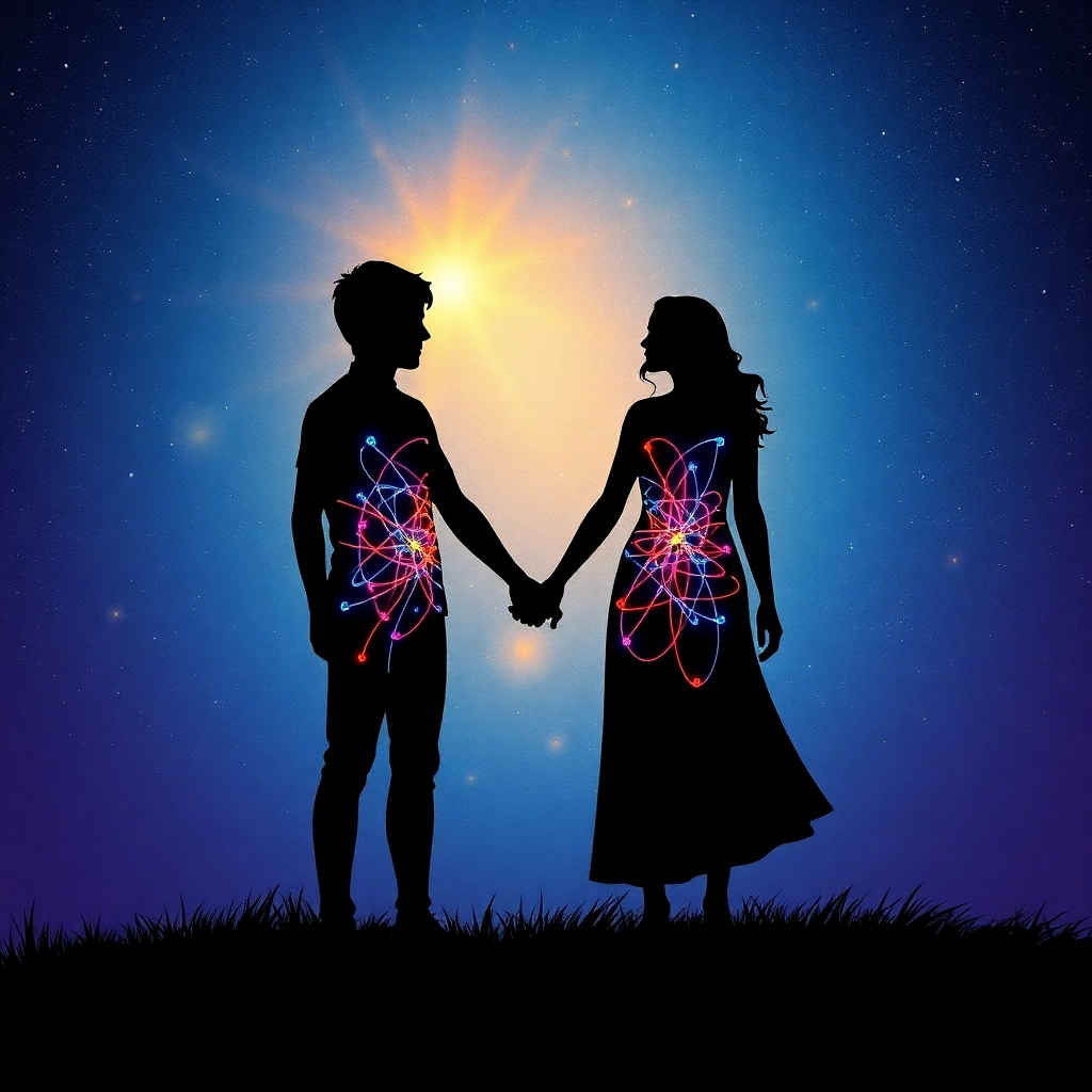 Una imagen dinámica que ilustra el concepto de visualización, presentando a una persona rodeada de imágenes brillantes y símbolos que representan el amor, como corazones y anillos entrelazados. El escenario es un cielo estrellado, lo que evoca asombro. La iluminación es dramática, proyectando un resplandor encantador alrededor de las imágenes. Los colores, azules y morados vibrantes, simbolizan la creatividad y la imaginación. El ángulo de la cámara debe ser un primer plano medio para capturar la expresión concentrada de la persona y los símbolos circundantes.