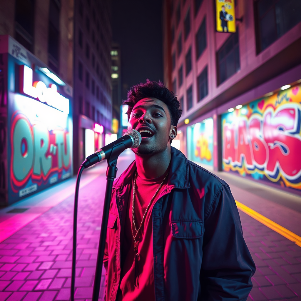 A stylized image of Viedu singing in a vibrant city setting, with urban street art in the background. The lighting is dynamic, casting colorful shadows onto the pavement. The color palette includes bright neons, evoking a lively atmosphere. The camera angle is angled slightly from below, emphasizing the singer’s presence. Textures are bold and modern to reflect contemporary music culture.
