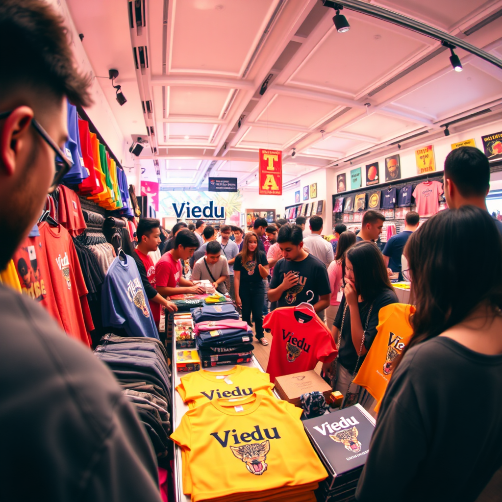 A stylized image showcasing Viedu's merchandise displayed at a pop-up shop. The lighting is bright and colorful, with vibrant product displays that catch the eye. The ambiance is lively, filled with enthusiastic fans browsing. The camera angle is eye-level, capturing the excitement of merchandise each featuring a unique design.
