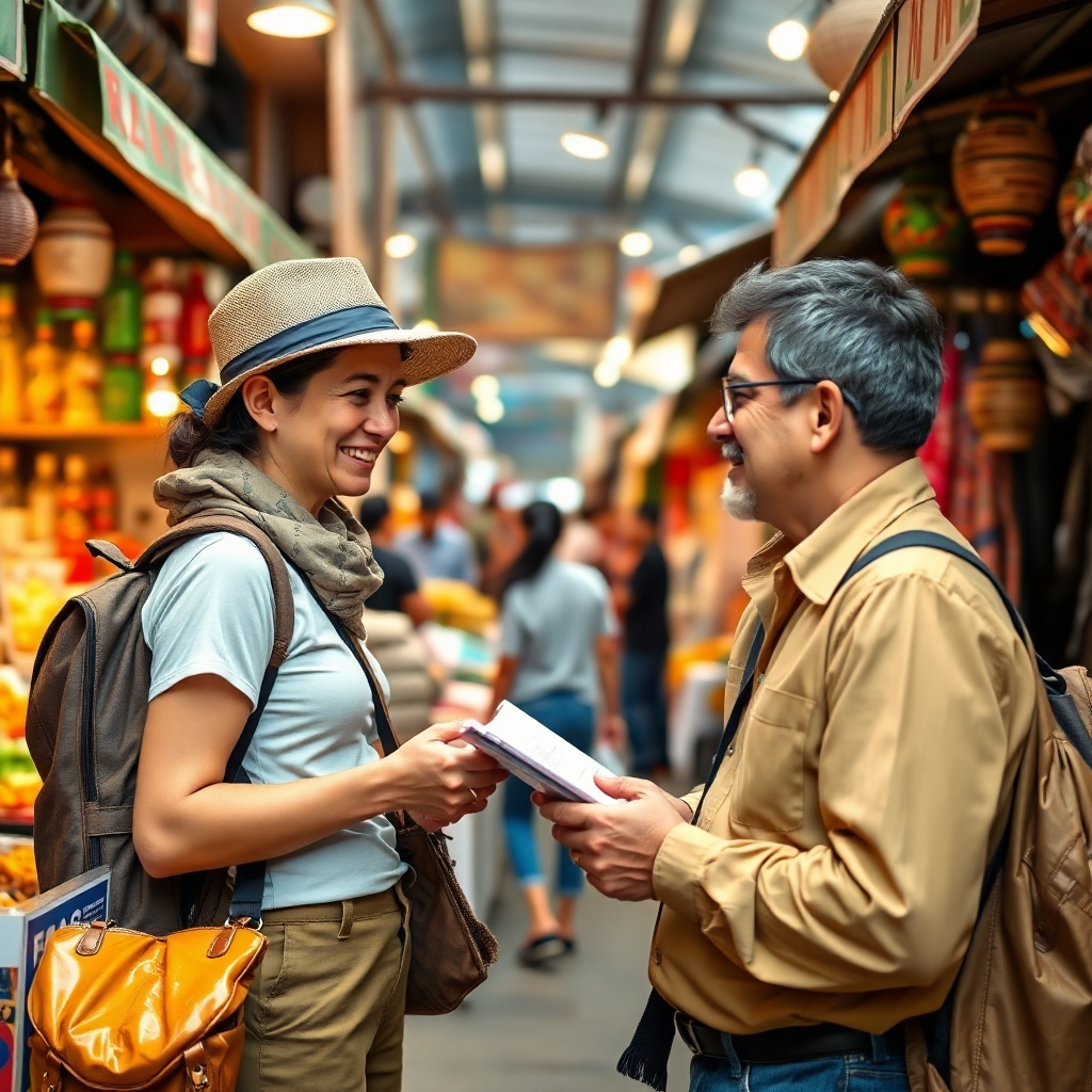 Un viajero consulta con un experto local en un mercado concurrido. La escena debe capturar la energía y el entusiasmo del mercado, centrándose en la interacción entre el viajero y el local. Incluya elementos como puestos coloridos, productos exóticos y rostros amigables para enfatizar aún más la temática del viaje. El ambiente general debe ser informativo y atractivo.
