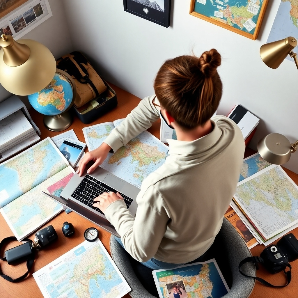 Un viajero sentado en un escritorio, rodeado de mapas, guías y una computadora portátil, planea su próxima aventura. La escena debe estar bien iluminada y organizada, con énfasis en las herramientas y recursos utilizados para planificar un viaje. Incluye elementos como un globo terráqueo, una brújula y una cámara para enfatizar aún más la temática del viaje. El ambiente general debe ser creativo e inspirador.