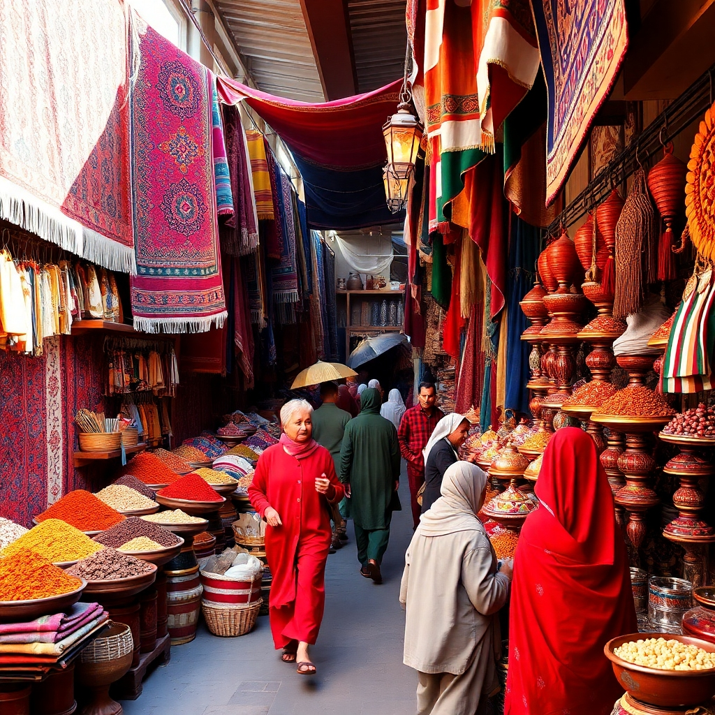 Una escena vibrante y bulliciosa de un mercado de Marrakech, repleta de coloridos textiles, especias y productos artesanales. Capture la energía de la escena con composiciones dinámicas y una amplia gama de temas. Concéntrese en detalles como los intrincados patrones de las alfombras, el aroma de las especias y los rostros de los vendedores. La paleta de colores debe ser cálida y acogedora, con rojos, naranjas y amarillos dominando la escena.