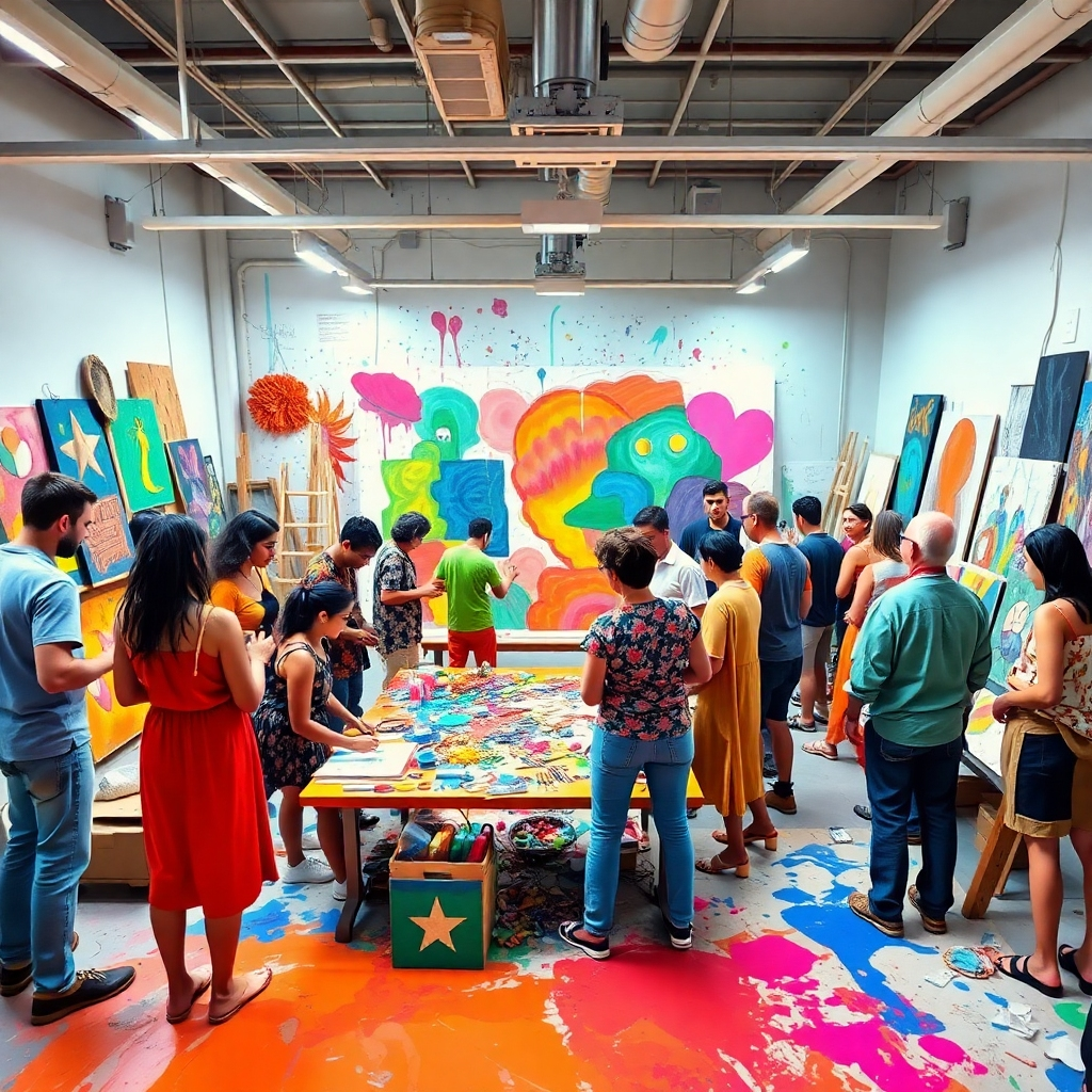Una imagen vibrante y dinámica que muestra a un grupo de artistas diversos colaborando en un proyecto artístico a gran escala en un estudio concurrido. Los artistas participan activamente en la creación, comparten ideas y se apoyan mutuamente. El ambiente es dinámico y colaborativo. El estilo, una mezcla de fotorrealismo e impresionismo, captura la vitalidad y la espontaneidad del proceso creativo. Paleta de colores: Brillante y diversa, refleja la variedad de estilos y personalidades artísticas. Ángulo de cámara: Gran angular, que captura la escena completa y enfatiza la naturaleza colaborativa de la comunidad.