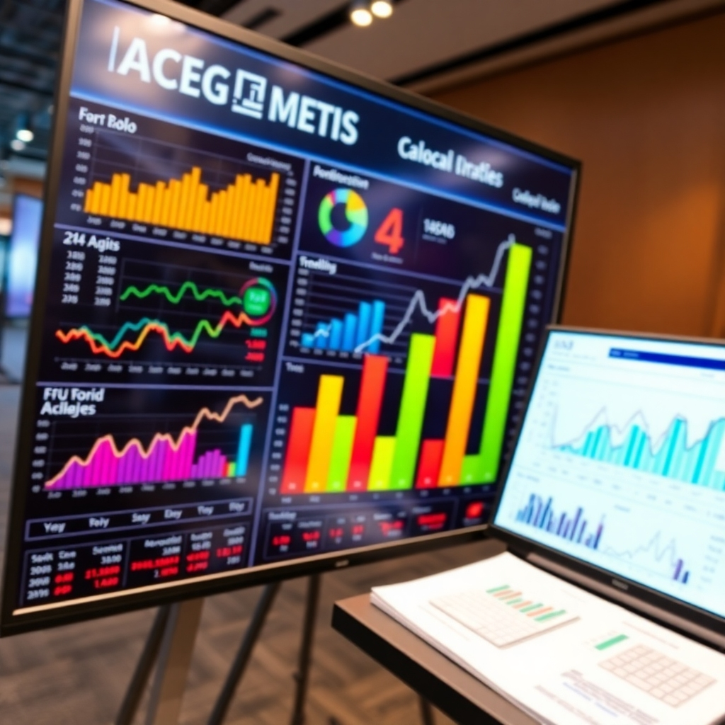 Una representación visual de un análisis comparativo que muestra diversas métricas financieras en un tablero. Los elementos deben incluir gráficos coloridos y cifras comparativas en tonos vibrantes, priorizando la claridad. La iluminación debe ser profesional y resaltar los datos clave. El ángulo de la cámara debe ser frontal para atraer la atención del espectador. Incluye texturas de documentos en papel fusionadas con pantallas para un toque moderno. Las referencias de estilo son informes analíticos. Alta calidad, fotorrealismo.