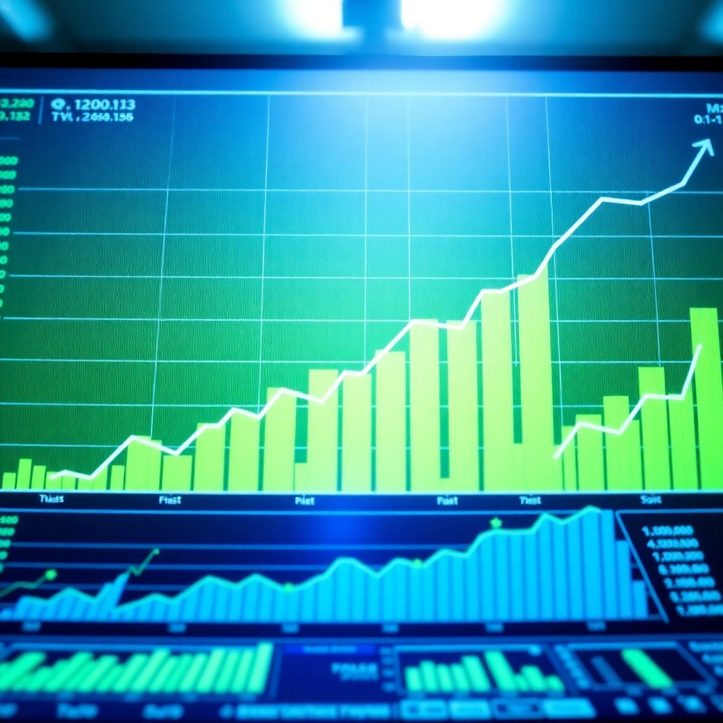 Una representación visual de gráficos y tablas financieras que muestran tendencias alcistas y estabilidad. La composición combina los colores verde y azul, que simbolizan crecimiento y confianza. La iluminación es brillante para realzar la claridad, y el ángulo de la cámara es cenital, lo que permite una visión clara de los datos financieros mostrados en una pantalla moderna. Las texturas incluyen interfaces digitales elegantes. Las referencias de estilo son minimalistas pero profesionales. La imagen debe ser fotorrealista, mostrando la precisión y la importancia del análisis financiero.