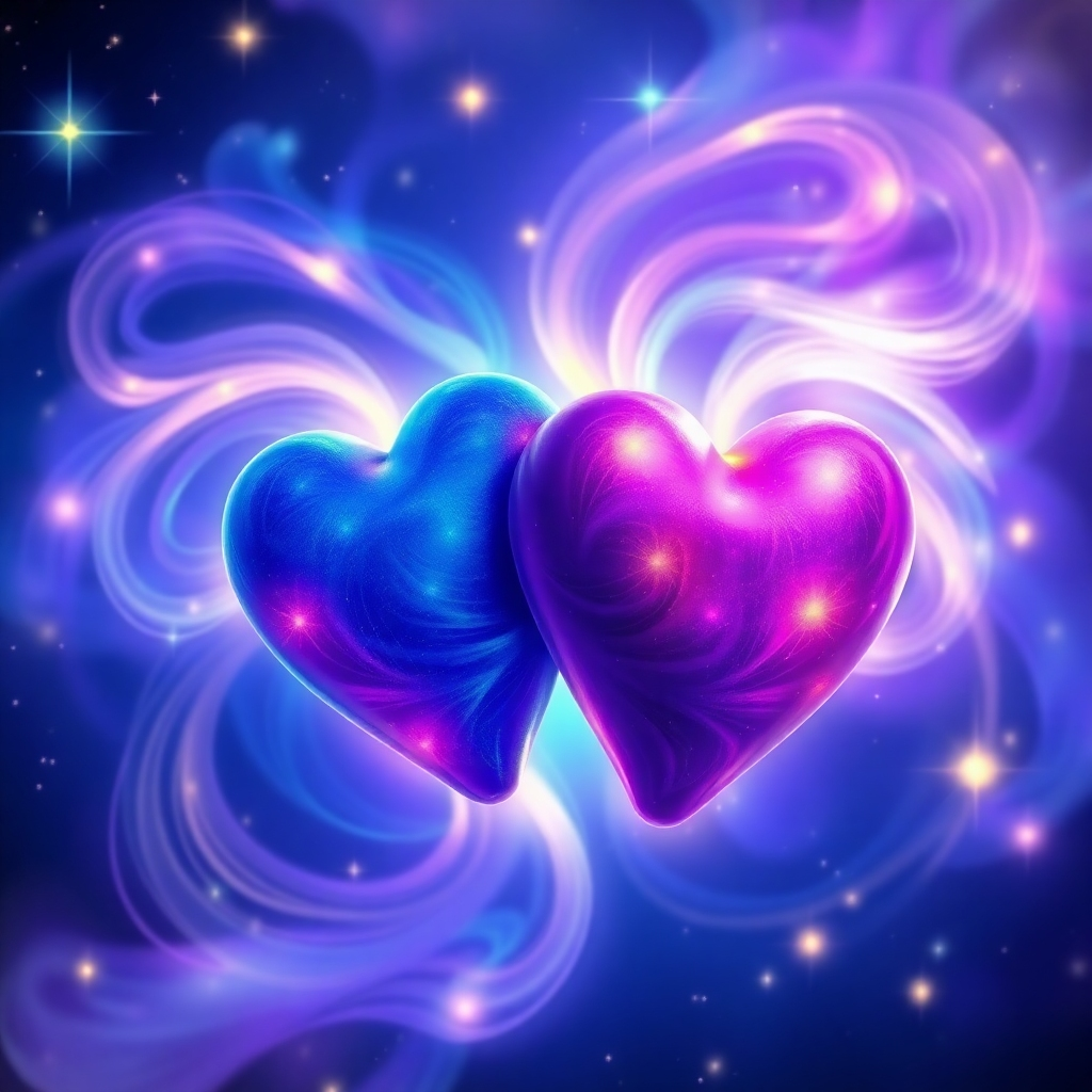 Una imagen vívida que transmite conexiones espirituales, mostrando dos corazones entrelazados que brillan entre auras vibrantes y coloridas. El fondo es cósmico con estrellas resplandecientes. La iluminación es etérea, realzando la magia de la imagen. Los colores son vibrantes tonos de azul, morado y dorado, que simbolizan la profundidad espiritual y el amor. El ángulo de la cámara es un primer plano de los corazones, enfatizando su conexión. La textura debe ser suave y soñadora, creando una atmósfera acogedora.