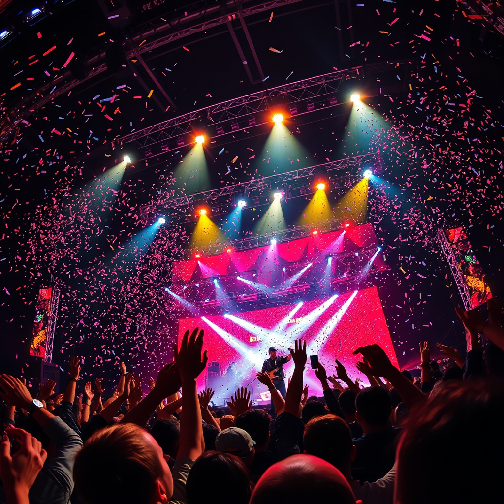 An energetic image representing a live concert performance with Viedu on stage. The lighting features vibrant spotlights and confetti falling from above. The atmosphere is electric, filled with excited fans. The camera angle captures the dynamic movement of the performance. Textures evoke the excitement of live music events.