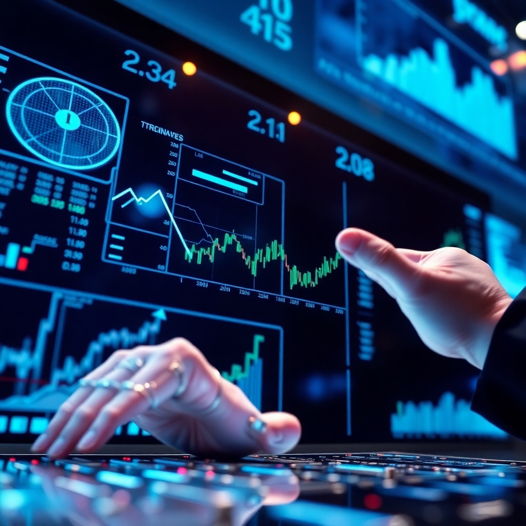 Una imagen atractiva que representa una interfaz de IA que analiza las tendencias del mercado bursátil. La composición incluye elementos futuristas como proyecciones holográficas de datos de mercado. Se utilizan colores fríos como el azul y el plateado para representar la tecnología y la innovación. La iluminación debe resaltar la interacción de la IA, sugiriendo capacidades avanzadas. El ángulo de la cámara es ligeramente ascendente para mostrar la importancia de estas tecnologías. Los detalles de las texturas deben imitar las interfaces digitales. Las referencias estilísticas incluyen imágenes de ciencia ficción. Alta calidad, fotorrealismo.