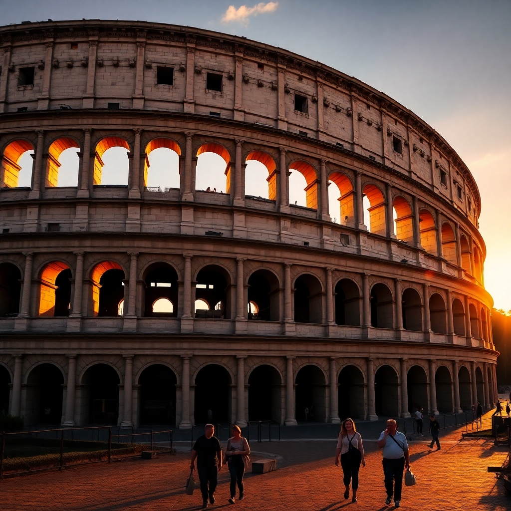 Una imagen del Coliseo de Roma durante la hora dorada. La imagen debe resaltar la textura y la grandeza del antiguo anfiteatro. Utilice iluminación dinámica para crear sombras dramáticas. Incluye algunas personas caminando en primer plano para dar escalada. La paleta de colores será de tonos cálidos dorados, naranjas y beige, que acentuarán el ambiente histórico.