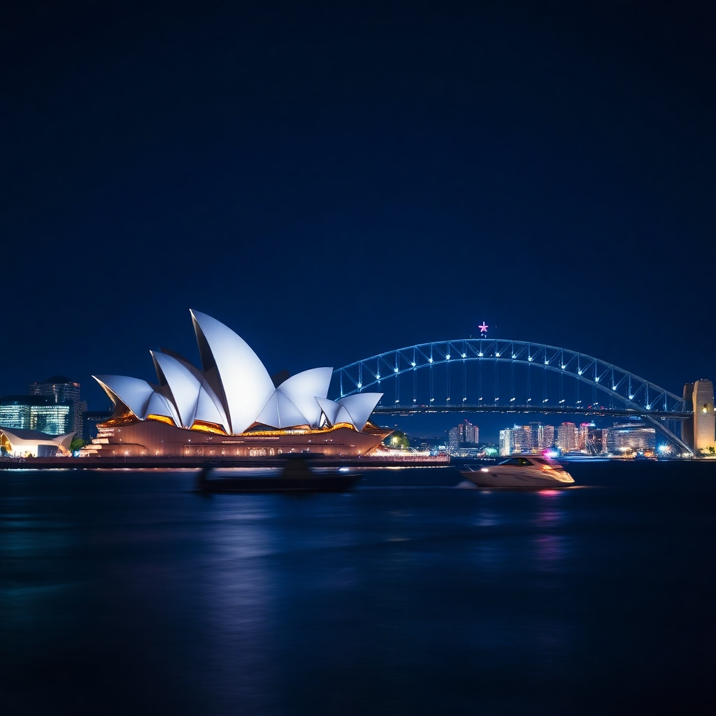 Una imagen de la Ópera de Sídney y el Puente del Puerto de noche. La imagen debe capturar la atmósfera vibrante de la ciudad, con los monumentos emblemáticos iluminados contra el cielo oscuro. Utilice técnicas de larga exposición para crear reflejos suaves en el agua y capturar el movimiento de los barcos. La paleta de colores debe estar dominada por azules, morados y blancos, con toques de color de las luces de la ciudad.