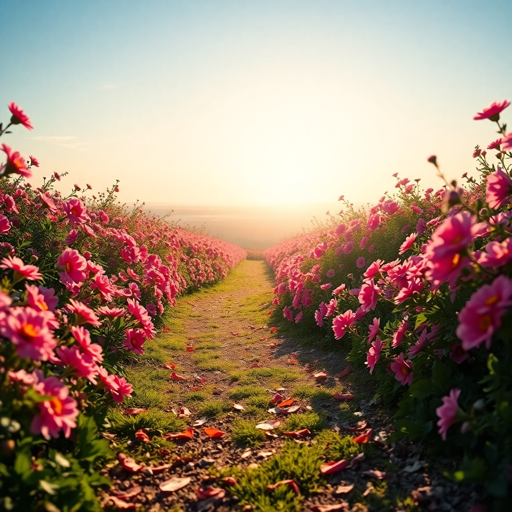 Una imagen inspiradora que muestra un sendero sinuoso a través de un jardín floreciente que se extiende hacia un horizonte lejano. La iluminación es brillante y talentosa, sugiriendo un futuro prometedor. La paleta de colores presenta flores vibrantes en diversos tonos. El ángulo de la cámara debe transmitir profundidad, mostrando la longitud del camino. Los detalles de textura incluyen los pétalos y las hojas de las flores a lo largo del camino, que simbolizan la belleza y la esperanza en el camino hacia el amor.