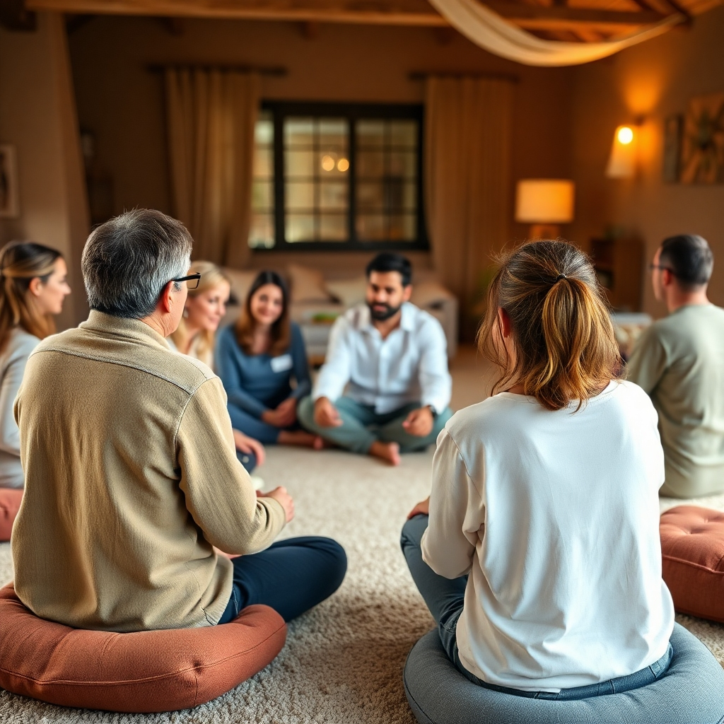Una imagen instructiva que muestra a un grupo de personas participantes en un taller centrado en ejercicios de conexión emocional. El ambiente es una sala acogedora con una iluminación cálida. Los colores terrosos crean una sensación de confort. El ángulo de la cámara es amplio, lo que resalta la naturaleza interactiva del taller. Los detalles de las texturas incluyen alfombras y cojines suaves donde se sientan los participantes, creando un ambiente acogedor.