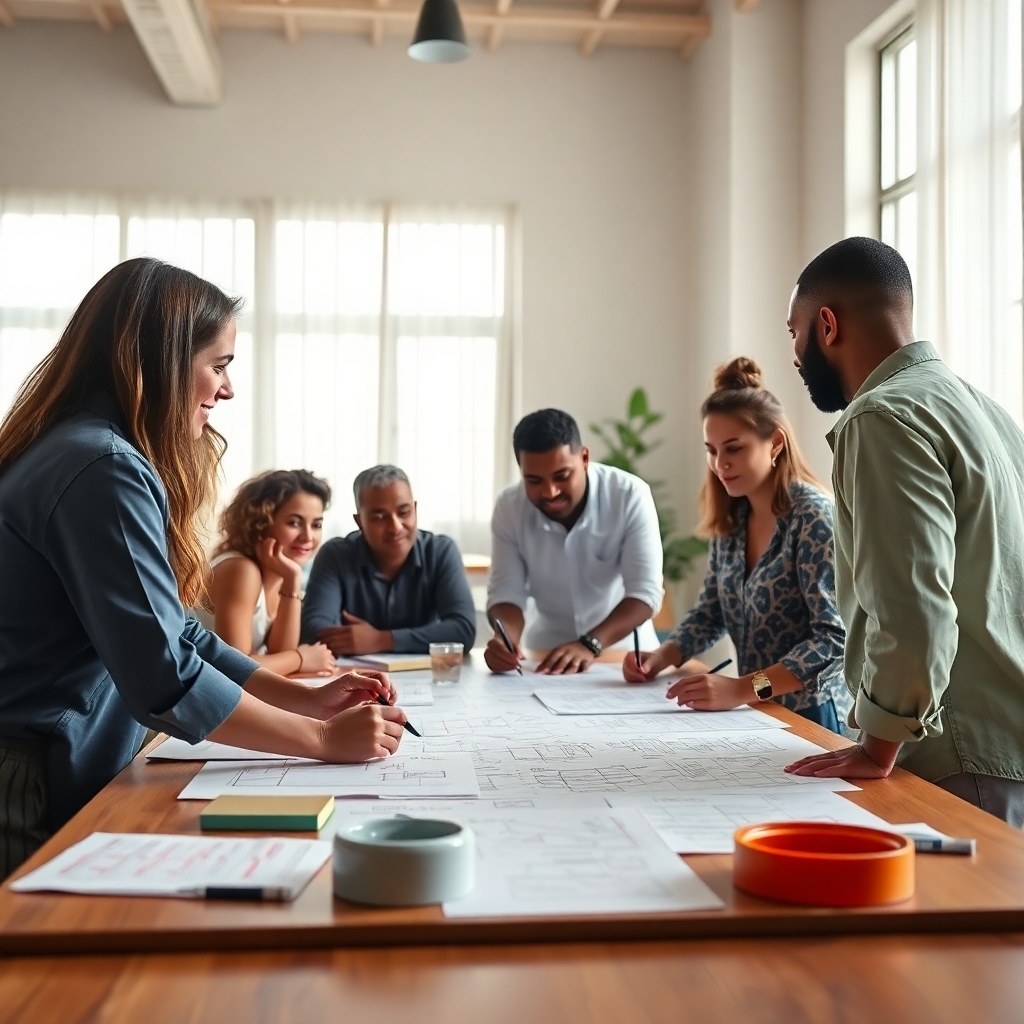 Cree una imagen que represente a un equipo generando ideas para proyectos innovadores de mejora comunitaria en el Quindío. El entorno debe incluir un espacio de reunión amplio y luminoso con recursos creativos dispuestos sobre una mesa grande. La luz debe inundar la sala, fomentando el ambiente colaborativo. Céntrese en los diversos participantes compartiendo ideas, con imágenes de bocetos y planos que ilustren su creatividad. Asegúrese de que la imagen sea detallada y capturada en alta resolución.