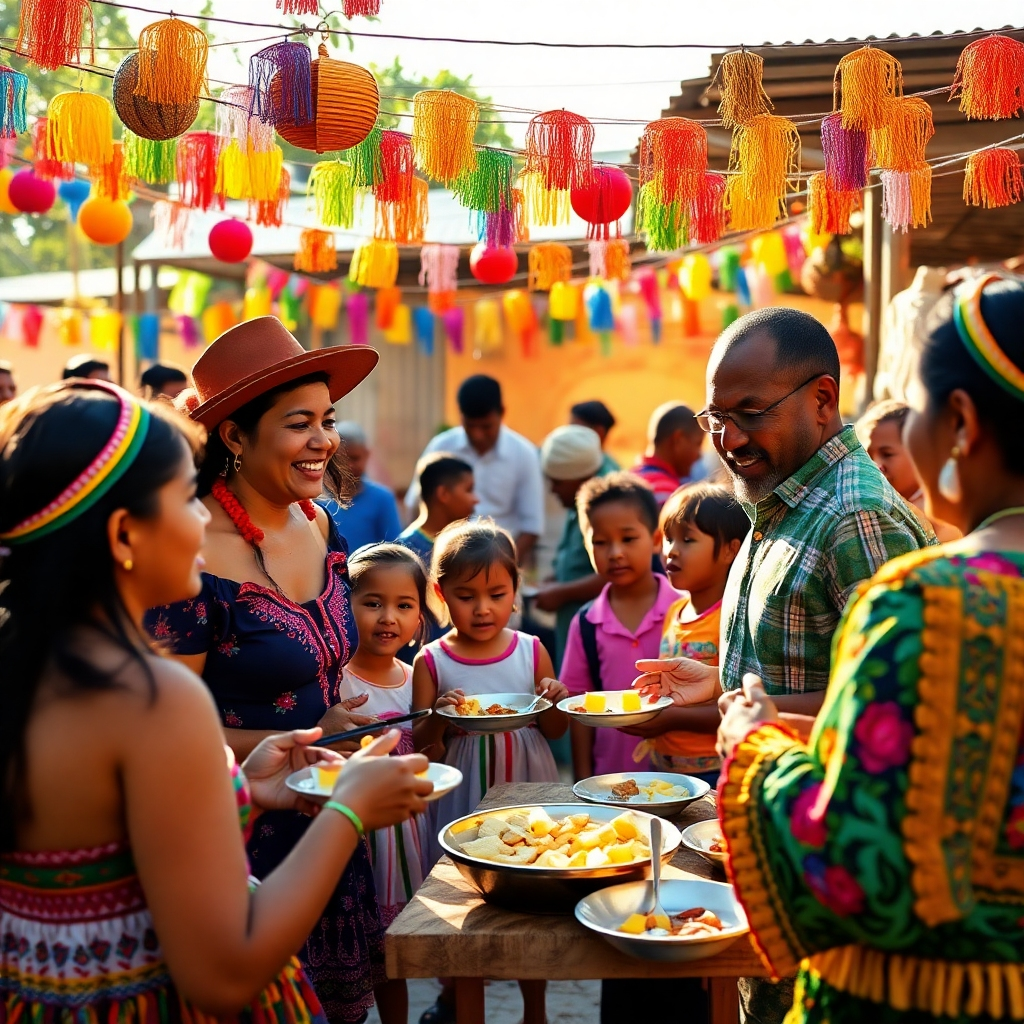 Cree una escena conmovedora en una reunión comunitaria en el Quindío, mostrando a los vecinos disfrutando de un festival. Decoraciones coloridas y música local crean un ambiente festivo. La escena debe capturar los rostros alegres de adultos y niños bailando, compartiendo comida y participando en actividades. La luz natural debe proyectar un tono dorado, realzando la calidez de la celebración. Utilice imágenes de comida tradicional colombiana y atuendos culturales vibrantes. El ambiente general debe ser colorido y animado, presentado en alta resolución.