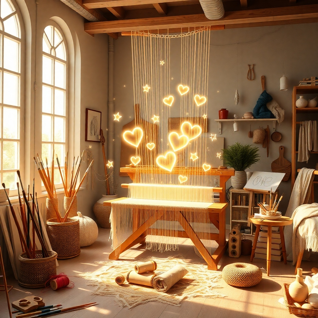 Crea una imagen de encabezado hiperrealista con resolución 8K para una tienda en línea llamada "Atelier". La escena muestra un estudio amplio y luminoso, lleno de diversos materiales de arte: pinceles, hilos de colores, telas delicadas y obras de arte parcialmente terminadas. En el centro, se centra la atención en un telar mágico donde se entrelazan hilos de luz, creando objetos etéreos y brillantes como corazones, estrellas y formas abstractas que representan recuerdos y emociones. La suave y difusa luz solar se cuela por los grandes ventanales, proyectando sombras suaves y resaltando las texturas de los materiales. La paleta de colores debe ser cálida y acogedora, con tonos pastel, dorados y efectos de luz brillantes. Ángulo de la cámara: ligeramente elevado, capturando toda la escena. Estilo: romántico y caprichoso, que recuerda a una pintura renacentista, pero con un toque moderno e hiperrealista. Añade sutiles elementos de fantasía, como motas de polvo flotantes que brillan como polvo de hadas. La sensación general es de creatividad, calidez y conexión emocional.
