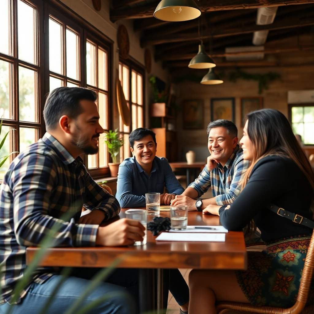 Cree una imagen fotorrealista que representa una reunión entre emprendedores locales del Quindío, quienes discuten nuevas oportunidades. El entorno debe ser una cafetería acogedora con una mezcla de decoración tradicional colombiana y toques modernos. La luz natural que entra por los amplios ventanales crea un ambiente acogedor. La paleta de colores debe incluir tonos tierra cálidos que reflejen el espíritu de la región. El enfoque debe estar en las expresiones faciales que demuestren entusiasmo y colaboración. Busque un ángulo dinámico para capturar la energía de la reunión en resolución 4K.