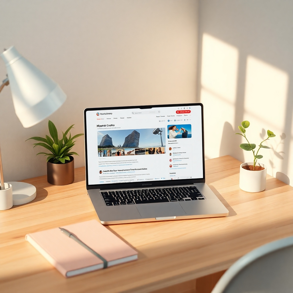 Crea una imagen de encabezado fotorrealista de altísima calidad que representa "Momento Creatrivo". La composición debe presentar un espacio de trabajo elegante y moderno con una computadora portátil que muestre una página personal de enlaces bien organizada. La escena debe tener una iluminación cálida y acogedora que cree un ambiente acogedor, con una paleta de colores armoniosa de azules pastel y blancos suaves. Incluye detalles de textura como un escritorio de madera, una libreta texturizada y elegantes elementos vegetales decorativos alrededor. El ángulo de la cámara debe ser ligeramente superior para resaltar la distribución del espacio de trabajo. Las referencias de estilo pueden incluir una estética minimalista y contemporánea. Las especificaciones técnicas deben garantizar que la imagen tenga una resolución de 8K y sea hiperrealista.