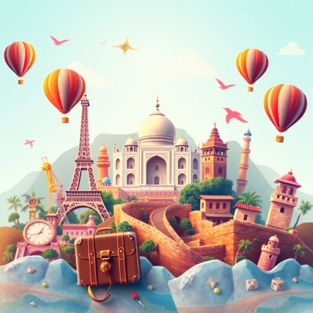 Crea una imagen estilizada que representa la esencia de un blog de viajes centrado en lugares increíbles. La imagen debe presentar un collage de lugares emblemáticos de todo el mundo, como la Torre Eiffel, el Taj Mahal y la Gran Muralla China, todos perfectamente integrados. La paleta de colores debe ser vibrante y llamativa, con una mezcla de tonos cálidos y fríos. El estilo debe ser caprichoso y alegre, con un toque ilustrativo. Incorpora elementos como maletas vintage, globos aerostáticos y brújulas para enfatizar aún más la temática viajera. La iluminación debe ser suave y difusa, creando una atmósfera de ensueño. Busca una resolución 4K y una representación de alta calidad que capture el espíritu de aventura y descubrimiento.