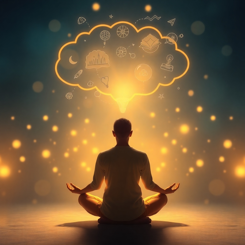  Crea una imagen vívida de una persona meditando con un globo de pensamiento sobre su cabeza que ilustra sus sueños y logros. La escena debe estar rodeada de luces suaves y brillantes y formas abstractas que representen ideas y aspiraciones. Incluye detalles de textura en el espacio meditativo para enriquecer el ambiente onírico. La paleta de colores debe consistir en azules y dorados relajantes que simbolizan la paz y el logro. Captura este momento desde un ángulo dinámico que enfatice el globo de pensamiento, con una resolución de 8K y un efecto hiperrealista.