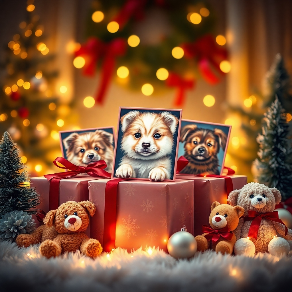 Crea una imagen elegante con cajas de regalo bellamente envueltas con retratos de mascotas en su interior. Una luz suave y brillante crea una atmósfera mágica. El foco debe estar en los suaves retratos pintados a mano, asegurándose de que las texturas sean detalladas y realistas. Rodea los regalos con divertidos juguetes para mascotas y decoraciones de temporada para realzar el ambiente cálido y festivo.