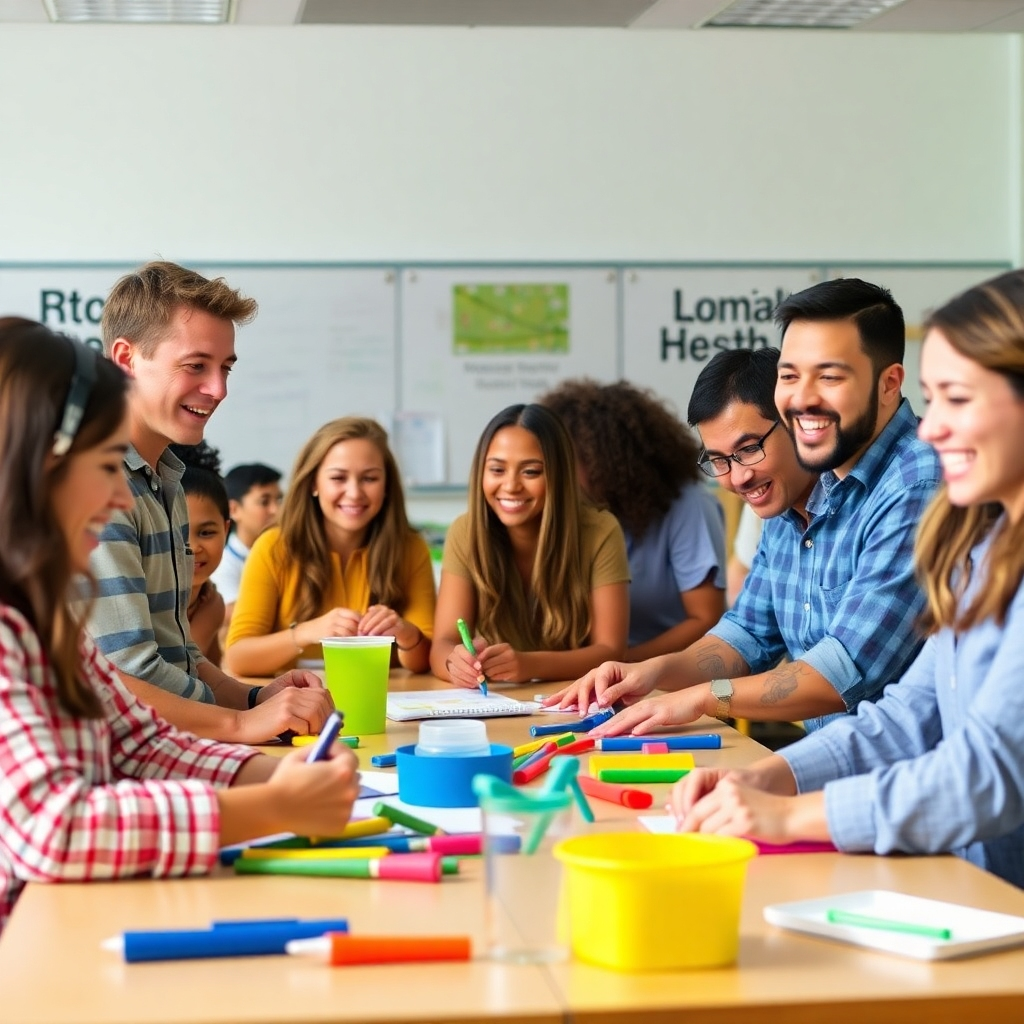 Cree la imagen de un taller organizativo interactivo donde los participantes participan activamente en actividades prácticas. Use colores vibrantes y creatividad en el aula, con herramientas y materiales expuestos. La iluminación debe ser brillante y acogedora, inspirando entusiasmo entre los asistentes. Capture diversas expresiones de concentración y entusiasmo. El ambiente general debe ser dinámico y presentarse en alta resolución.