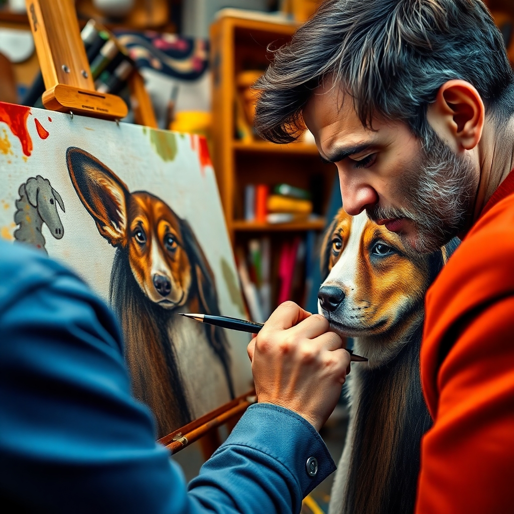 Crea una imagen inspiradora que muestra a un artista detallando meticulosamente el retrato de una mascota en el estudio. El ángulo de la cámara captura detalles en primer plano tanto del progreso en el lienzo como de la expresión concentrada del artista. Texturas y colores realistas resaltan la personalidad de la mascota capturada, con una variedad de herramientas artísticas y colores vibrantes de fondo.