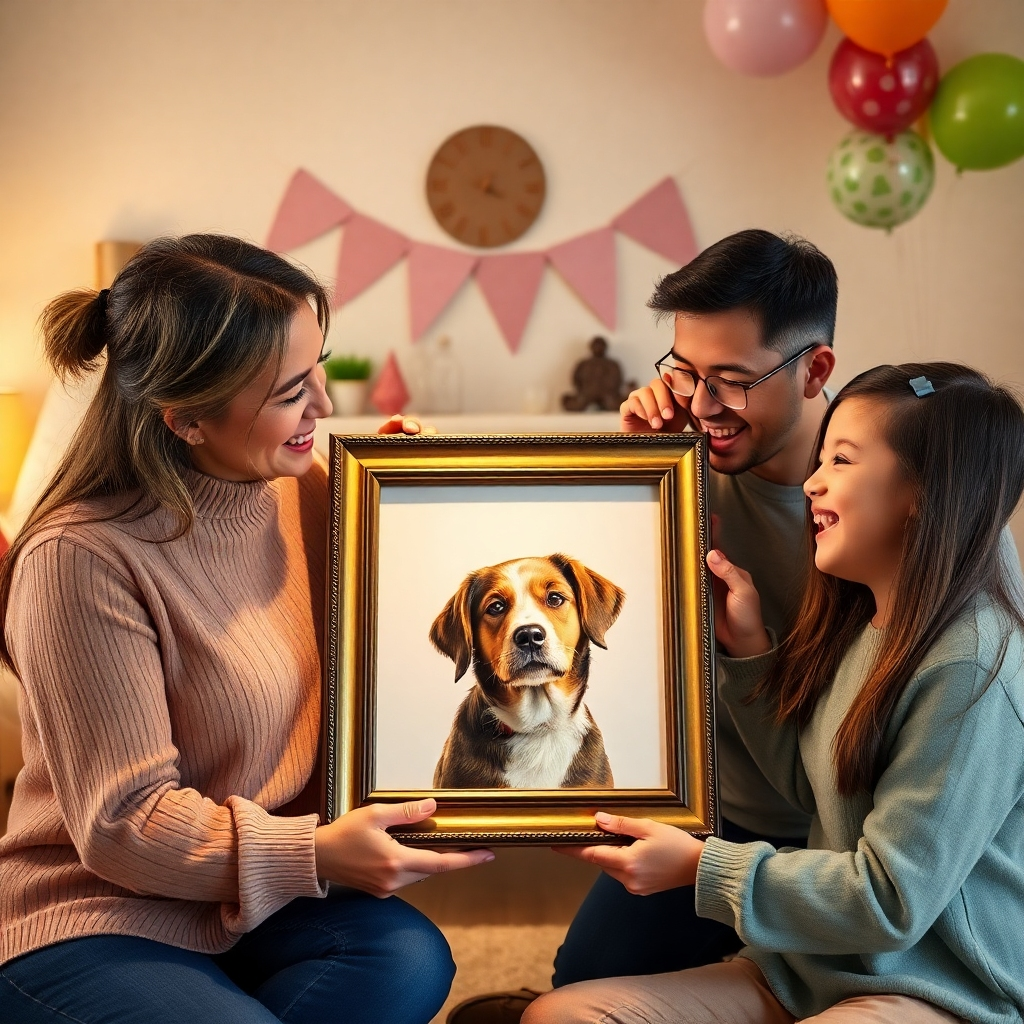 Crea una escena acogedora de una familia abriendo juntos un retrato de mascota bellamente enmarcado. Sus expresiones están llenas de alegría y sorpresa, capturando el momento de conexión profunda. La habitación está decorada con elementos sugerentes como globos y adornos de fiesta, creando un ambiente festivo. La iluminación suave resalta los detalles intrincados del retrato, asegurando que su realismo destaque con intensidad.