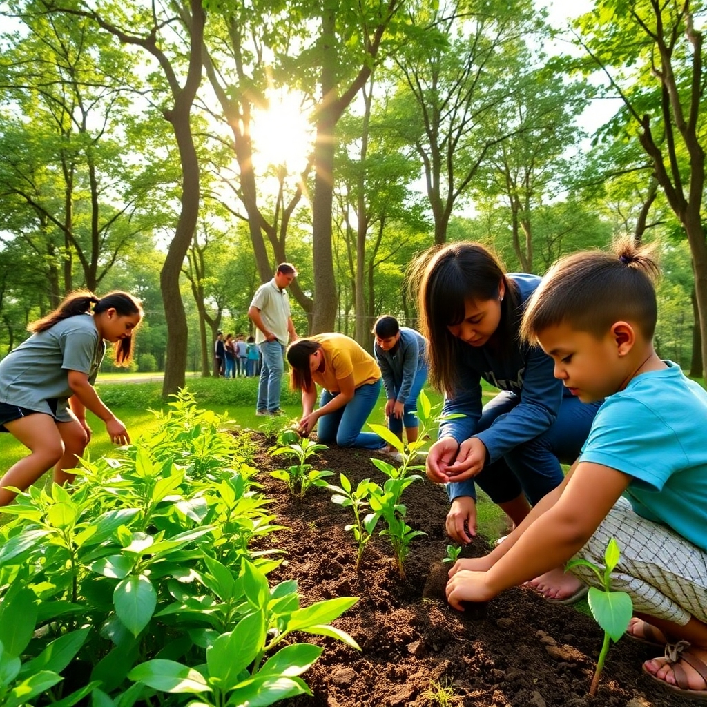 Demuestre un proyecto centrado en la sostenibilidad ambiental en el Quindío, con un equipo plantando árboles o limpiando parques locales. La exuberante vegetación simboliza la belleza natural de la región y su compromiso con la conservación. La luz del sol que se filtra entre los árboles aporta calidez a la escena. Se recomienda la participación de personas de diferentes edades, lo que resalta el esfuerzo comunitario. Capture detalles vívidos de las actividades, garantizando una representación de calidad del entorno en una imagen de alta resolución.