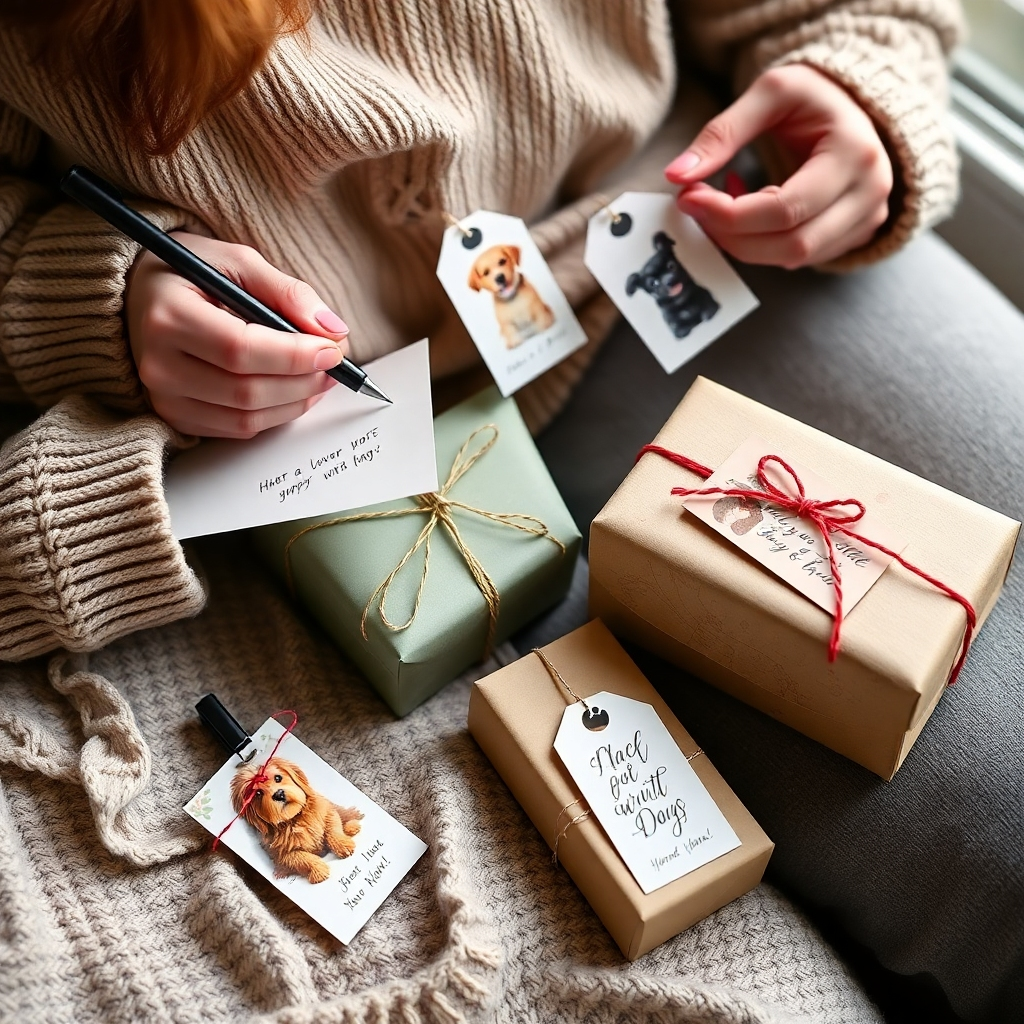 Representa un ambiente acogedor donde alguien añade notas personalizadas a los retratos de mascotas. Etiquetas y bolígrafos con diseños ingeniosos se destacan en esta estilizada escena, donde la calidez, el amor y la delicadeza se palpan. Una iluminación sutil y suave ilumina las delicadas texturas de las notas escritas a mano y los regalos bellamente envueltos.