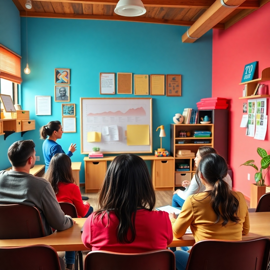 Representa una escena educativa atractiva donde un capacitador imparte un taller de organización personal en el Quindío. La sala debe estar equipada con herramientas y materiales interactivos, y los participantes deben participar activamente. Colores brillantes y acogedores deben impregnar el espacio, creando un ambiente de aprendizaje estimulante. La imagen debe mostrar las perspectivas diversas de los participantes, resaltando su atención e interés. Asegúrate de que el ambiente sea acogedor y emotivo, con buena iluminación y presentado en resolución 4K para una mayor claridad.