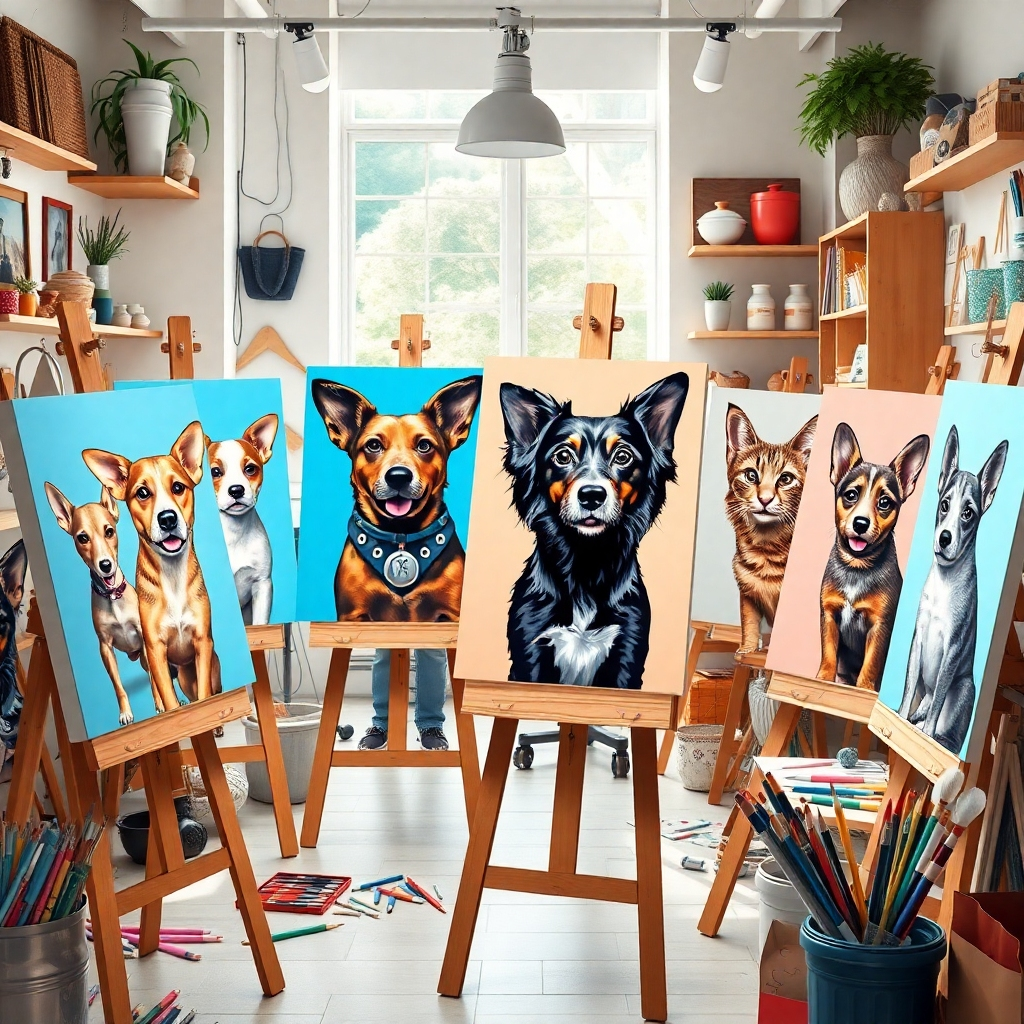 Diseña una imagen fotorrealista que captura la esencia de los retratos personalizados de mascotas. La escena muestra a varios artistas trabajando, pintando retratos de perros y gatos en un estudio luminoso y lleno de materiales de arte. Cada obra muestra diferentes razas de mascotas con detalles personalizados que reflejan su carácter. La iluminación es brillante y alegre, creando un ambiente acogedor. La composición debe incorporar la variedad de colores de los lienzos y las herramientas del artista, creando una narrativa visual rica en alta calidad y resolución 4K.