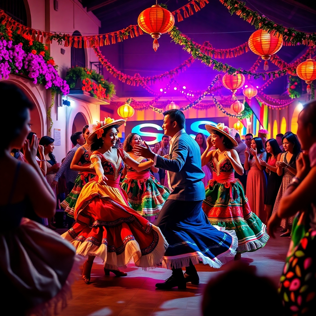 Diseñe una imagen vibrante de un espectáculo cultural en el Quindío, con bailarines vestidos con atuendos tradicionales interactuando con un público animado. El fondo debe presentar arquitectura local y decoraciones festivas, con colores vibrantes. La iluminación debe ser dinámica y capturar la emoción del evento. Visualice el movimiento a través de telas ondulantes, expresiones faciales y momentos de alegría capturados. Procure imágenes de alta resolución que encapsulen la riqueza y la participación cultural.