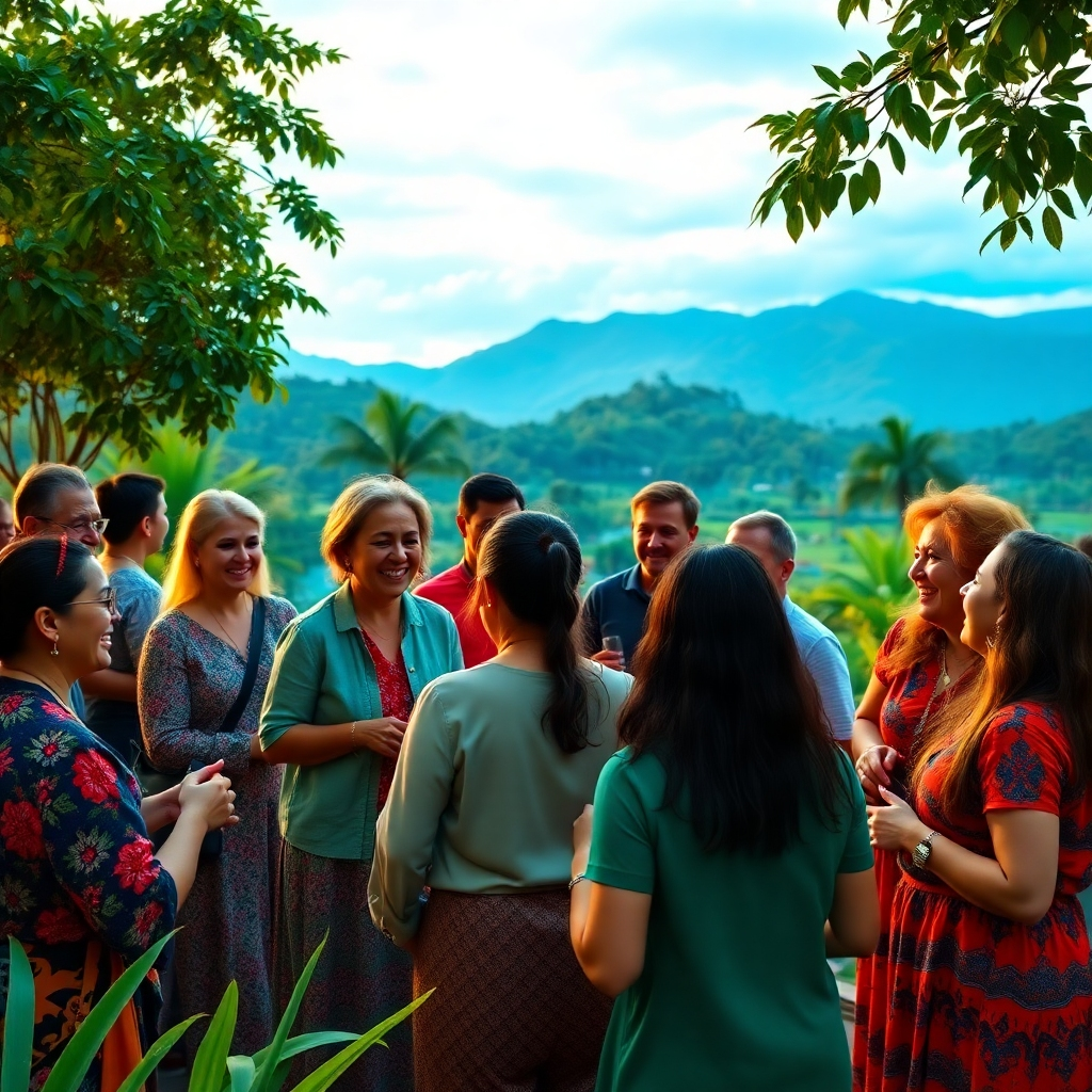 Diseñe una imagen vívida que mostrará un evento de networking en un pintoresco entorno al aire libre en el Quindío, con las montañas de fondo. Asistentes de diversos orígenes conversan, comparten ideas y ríen juntos. La exuberante vegetación y los vibrantes colores de los trajes tradicionales deben predominar en el paisaje. La suave iluminación de la hora dorada realza la calidez de la escena. Capture rostros sonrientes y gestos expresivos. Esta representación artística debe tener una resolución de alta calidad, reflejando la colaboración y el espíritu comunitario.