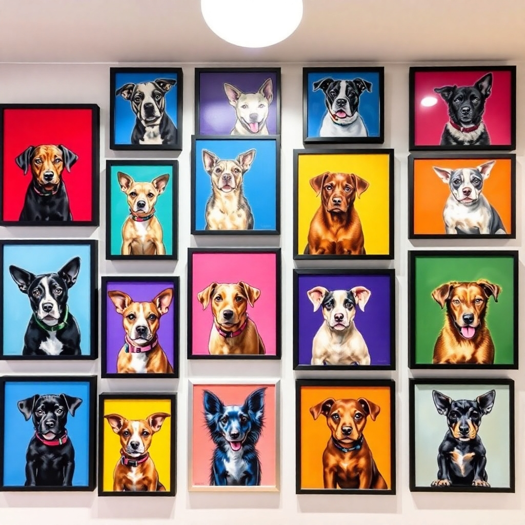 Exhiba una vibrante pared de galería con retratos de mascotas enmarcados en diferentes estilos artísticos. Cada pieza es una representación impactante de diversas mascotas, resaltando su individualidad a través de la expresión y el color. La luz brillante y difusa realza la vitalidad de las pinturas. Esta imagen estilizada debe inspirar alegría y creatividad, invitando al espectador a apreciar el arte de cada pieza.