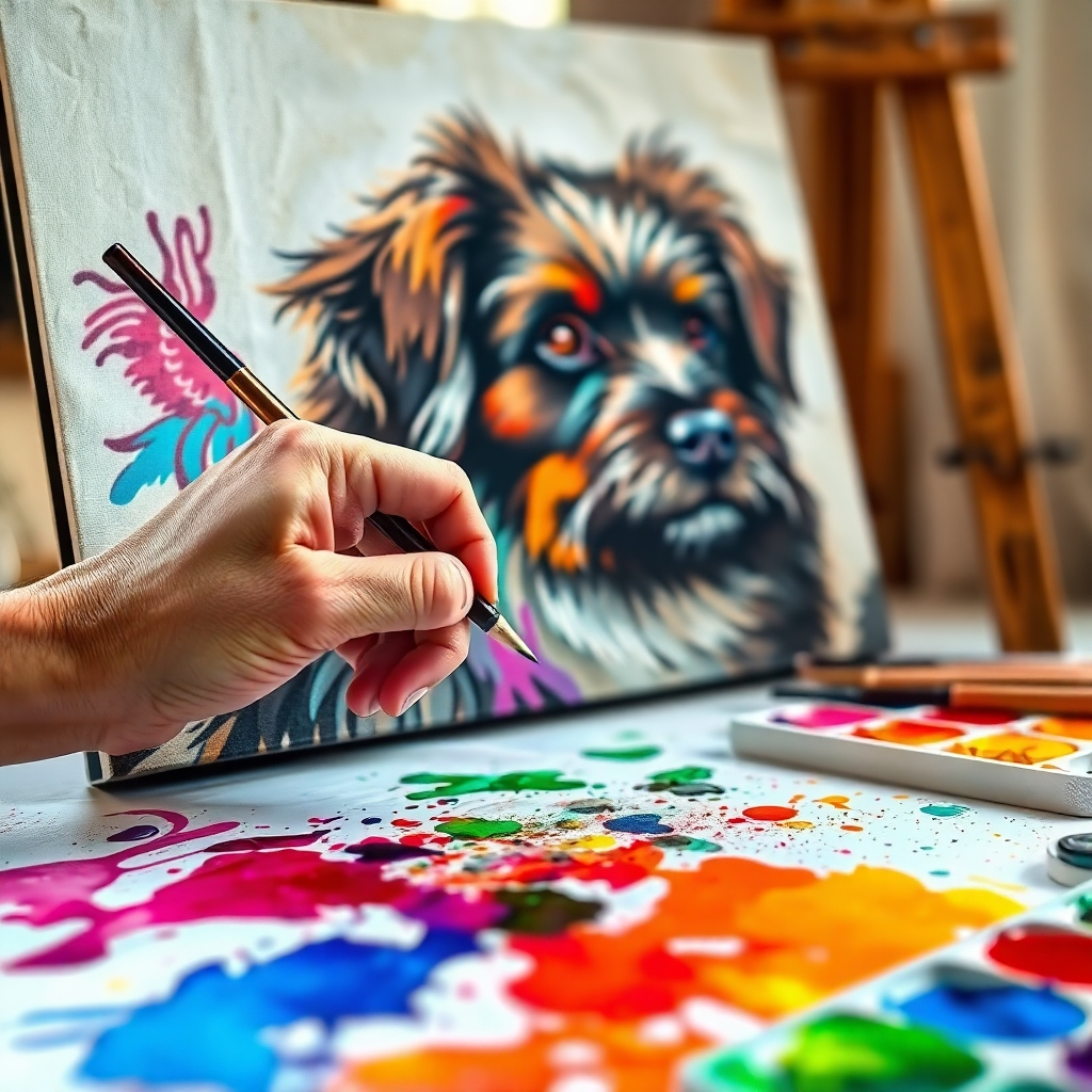 Imagine un primer plano de la mano de un artista pintando con maestría el retrato de una mascota sobre un lienzo. El enfoque se centra en pinceladas coloridas y texturas ricas que se asemejan al pelaje de un perro. La paleta del artista es vibrante, con toques de color dispuestos artísticamente alrededor de la mesa de trabajo. La suave luz de una ventana cercana proyecta un resplandor, enriqueciendo los colores y los detalles con un estilo fotorrealista.