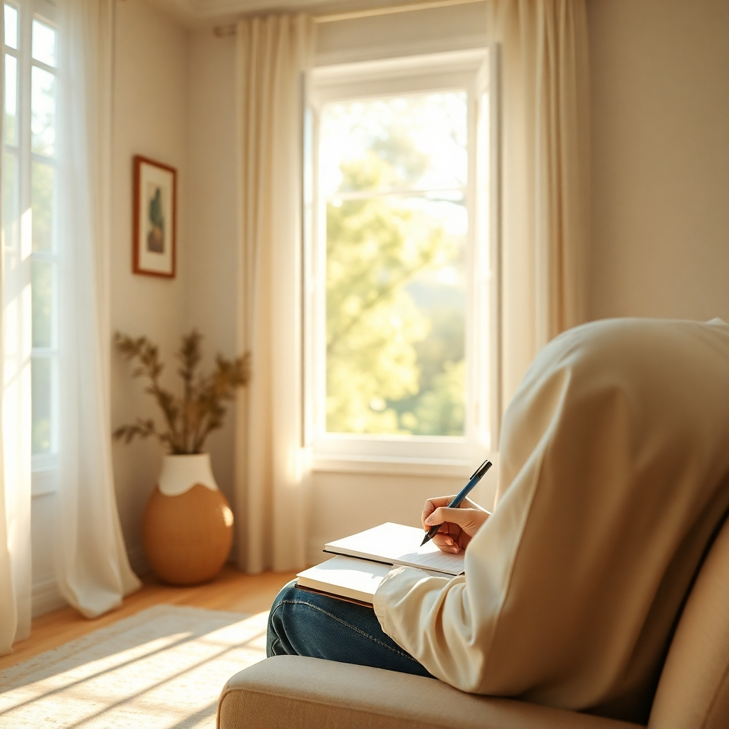  Imagine una escena matutina serena donde una persona escribe un diario en una habitación soleada. El enfoque debe estar en la persona que escribe sus metas, rodeada de un ambiente tranquilo con vistas a la naturaleza a través de una ventana. La imagen debe presentar una luz suave que se filtre, creando un espacio tranquilo y motivador con colores pastel y texturas ligeras. El ángulo de la cámara debe capturar tanto a la persona como la vigorizante luz natural. La imagen debe tener un estilo que evoque tranquilidad e inspiración, en resolución 8K e hiperrealismo.