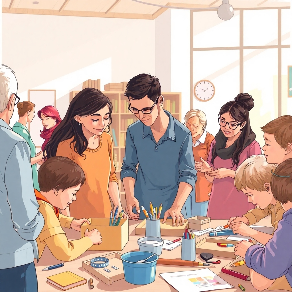 Ilustra un taller comunitario en un espacio bien iluminado, donde participantes de diversas edades participan en tareas prácticas de organización. Enriquece la escena con herramientas y materiales que enfaticen la organización personal. El entorno debe ser vibrante y acogedor, con participantes que intercambien ideas y experiencias. Utiliza técnicas de composición bien pensadas que promuevan la interacción. Captura la textura y los colores de los materiales utilizados, creando una imagen atractiva de alta calidad.