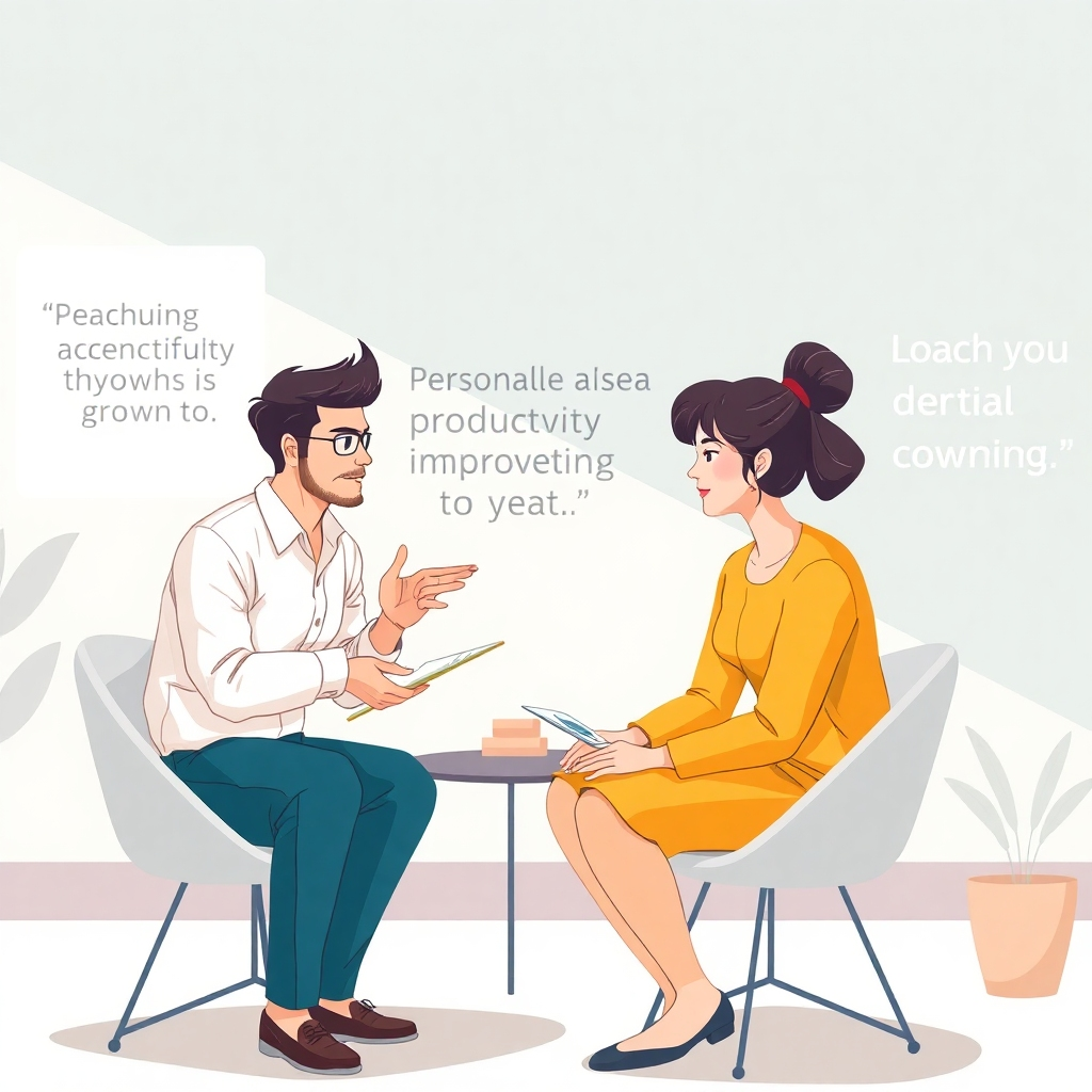 Ilustra una sesión de coaching personalizada donde un coach guía a un cliente hacia objetivos de mejora de la productividad. El ambiente debe ser tranquilo pero motivador, con frases motivadoras en las paredes. Considere usar colores claros para evocar la calma. Enfócate en la interacción entre el coach y el cliente, mostrando determinación e interés. Asegúrese de que la imagen capture la esencia del crecimiento personal con alta calidad.