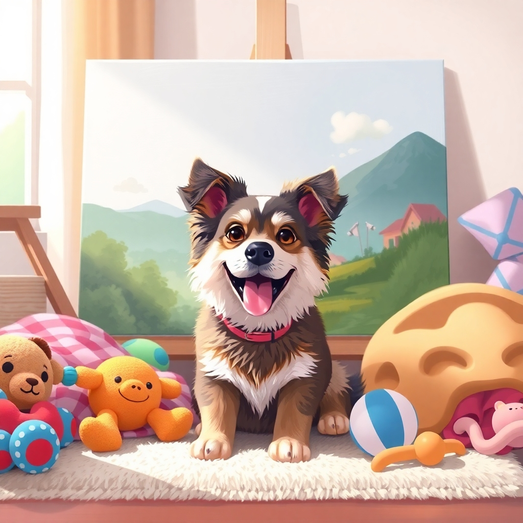 Ilustra una escena atractiva donde una mascota posa cómodamente frente a un lienzo, rodeada de accesorios vibrantes como juguetes y mantas. Su alegre actitud combina a la perfección con el fondo artístico. Una suave iluminación natural iluminará el entorno, aportando calidez y positividad a la atmósfera, a la vez que resalta los detalles del peludo para lograr un efecto fotorrealista.