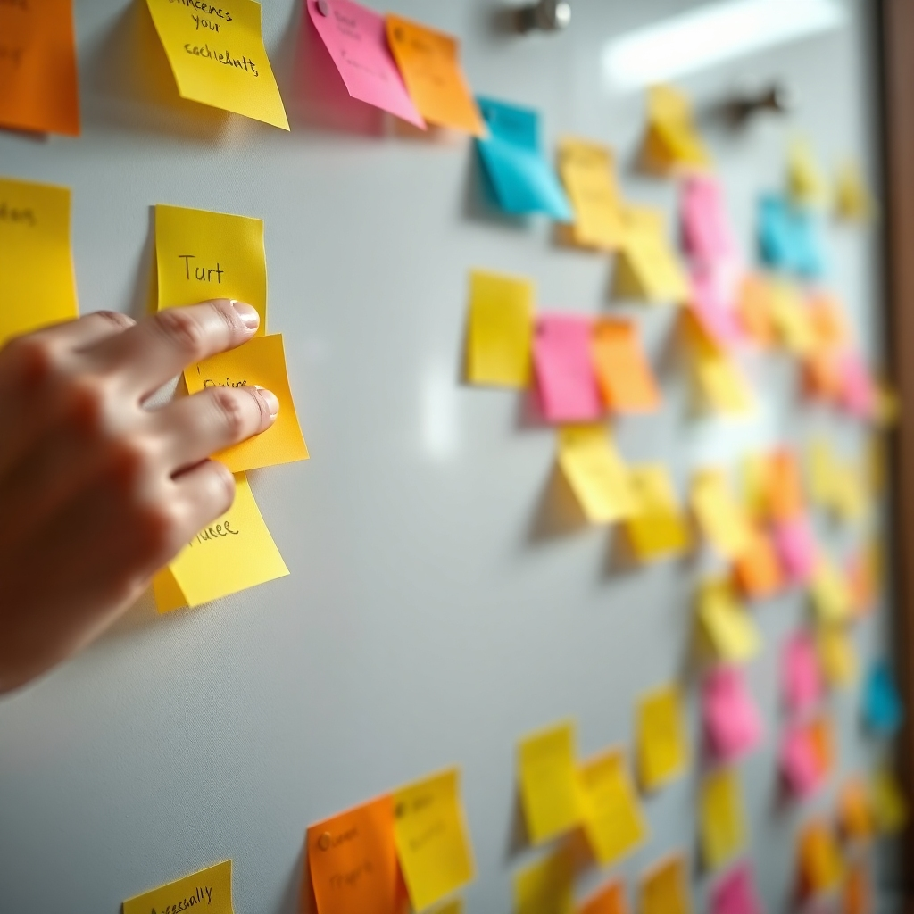  Imagina un primer plano de un tablero de progreso lleno de notas adhesivas que representan pequeños logros. La escena debe tener una atmósfera luminosa, con el foco puesto en las notas de colores y una mano colocando una nueva. El fondo debe estar ligeramente difuminado para sobresalir el tablero. La iluminación debe ser brillante y estimulante, evocando una sensación de logro. La imagen debe incluir detalles de la textura de las notas y del material del tablero, creando una fuerte sensación de motivación. La imagen debe estar capturada en resolución 8K y con un estilo hiperrealista.