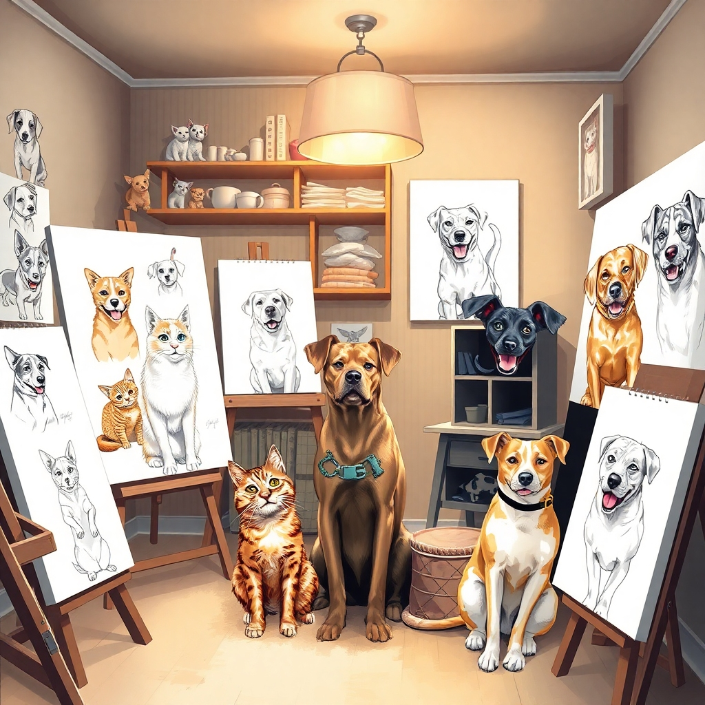 Imagina un acogedor estudio de arte lleno de bocetos de diversas mascotas, incluyendo gatos y perros, cada una con características distintivas. La iluminación es suave y cálida, creando un espacio acogedor. Las paredes están decoradas con retratos completos de mascotas felices, que muestran las glamurosas texturas de su pelaje y sus expresiones dinámicas. Esta imagen estilizada busca evocar una sensación de arte y creatividad en el retrato de mascotas.
