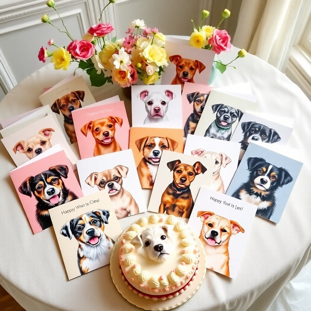 Imagina una variedad de tarjetas de felicitación con hermosos diseños y adorables retratos de mascotas. Las tarjetas se extienden sobre una mesa adornada con flores y pasteles, creando un ambiente festivo. Cada tarjeta refleja la singularidad y el amor por las mascotas retratadas. La iluminación de la imagen es brillante y alegre, creando una atmósfera acogedora.