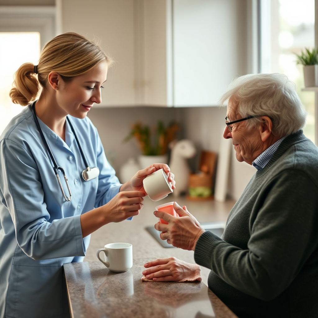 At-home care support scenario with a caregiver assisting an older adult in a warm home environment