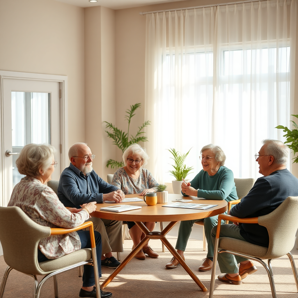Day club setting with older adults in a warm, modern common area